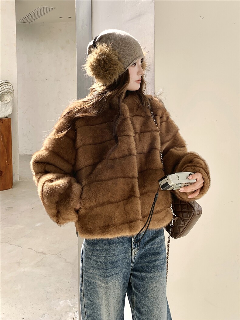 现货210-7705-P185-K268高端仿水貂立领皮毛一体外套优雅风,女装羊羔毛/颗粒绒,浙宝210（原浙宝191）