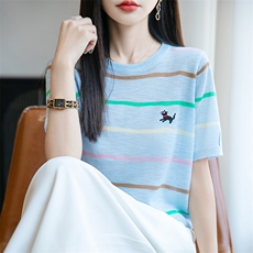 竹节麻圆领条纹短袖刺绣T恤女夏季新款宽松休闲减龄薄款外穿上衣，女装T恤，菲奥羊绒