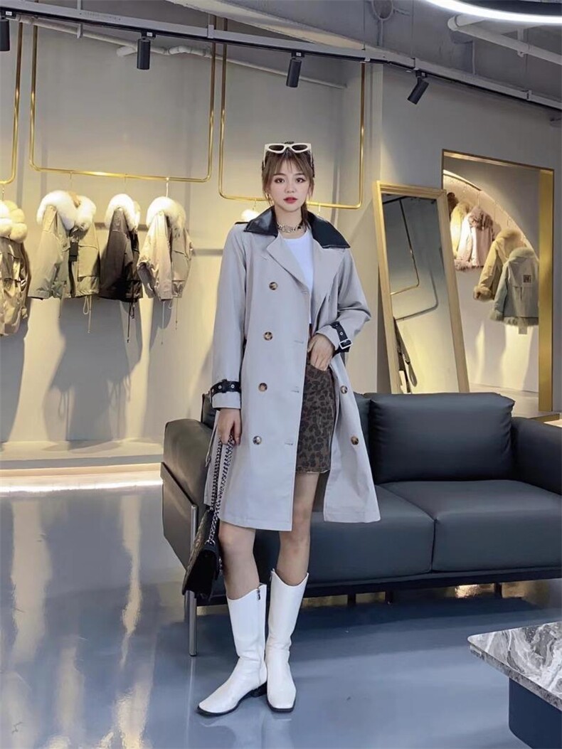 现货秋装新款拼皮风衣，女装风衣，艾涵o