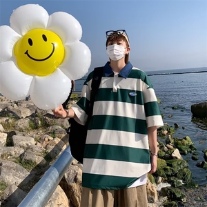 日系少年感Polo衫男生夏季薄款2025新款条纹潮牌宽松翻领短袖t恤图片