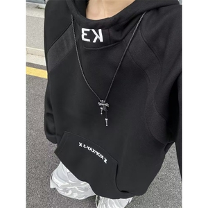 潮基础小logo图案印花连帽卫衣男女秋冬季美式重磅情侣帽衫图片