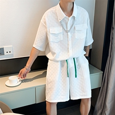 衬衫套装港风潮流休闲短袖短裤两件套衣服送链子W3234套装P55，男装衬衫，星座512-2