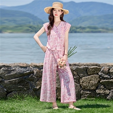 2867时尚气质V领印花套装，女装套装/套裙，罗得堡