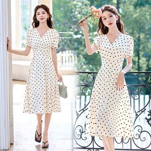 红色波点雪纺连衣裙女装2025夏季新款法式气质收腰显瘦中长款裙子图片
