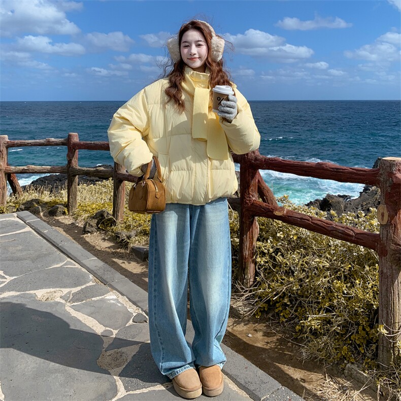 新品2C273-9912-P245-K368暖黄色宽松羽绒服送围脖50白鸭绒,女装羽绒服,2C273