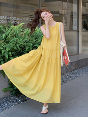 黄色甜美宽松无袖连衣裙女2025夏季新款韩版宽松简约初恋背心长裙，女装连衣裙，浙宝305