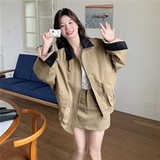 港风外套+半身裙两件女2026春秋季新款休闲配短裙卡其色风衣套装，女装套装/套裙，2C177