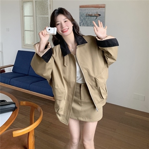 港风外套+半身裙两件女2026春秋季新款休闲配短裙卡其色风衣套装图片