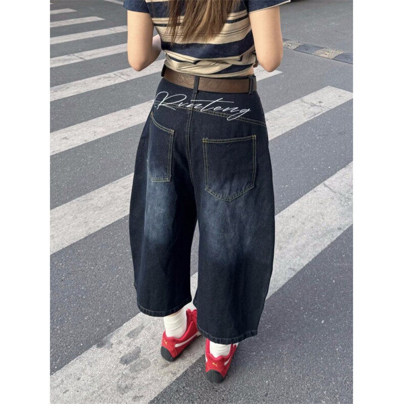 美式刺绣弯刀牛仔短裤女夏季设计感宽松阔腿七分裤子WLD8333-P46图片