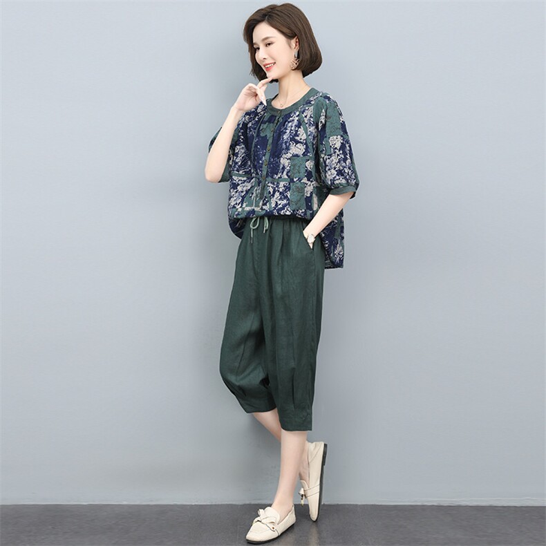 女夏装2022新款宽松显瘦印花短袖棉麻时尚两件套,女装套装/套裙,涵誉