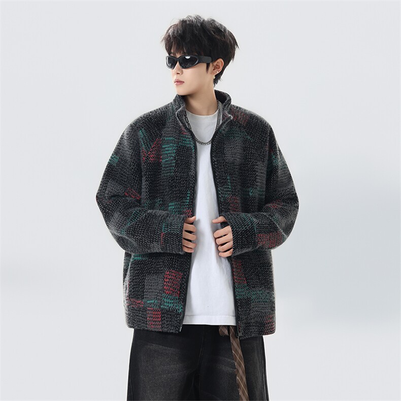 YK86124-P65聚酯纤维78.3%锦纶21.7%美式复古针织开衫卫衣，男装卫衣，电商A086-1