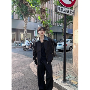 皮领黑色外套男秋季美式高街设计感cleanfit男生夹克 J693图片