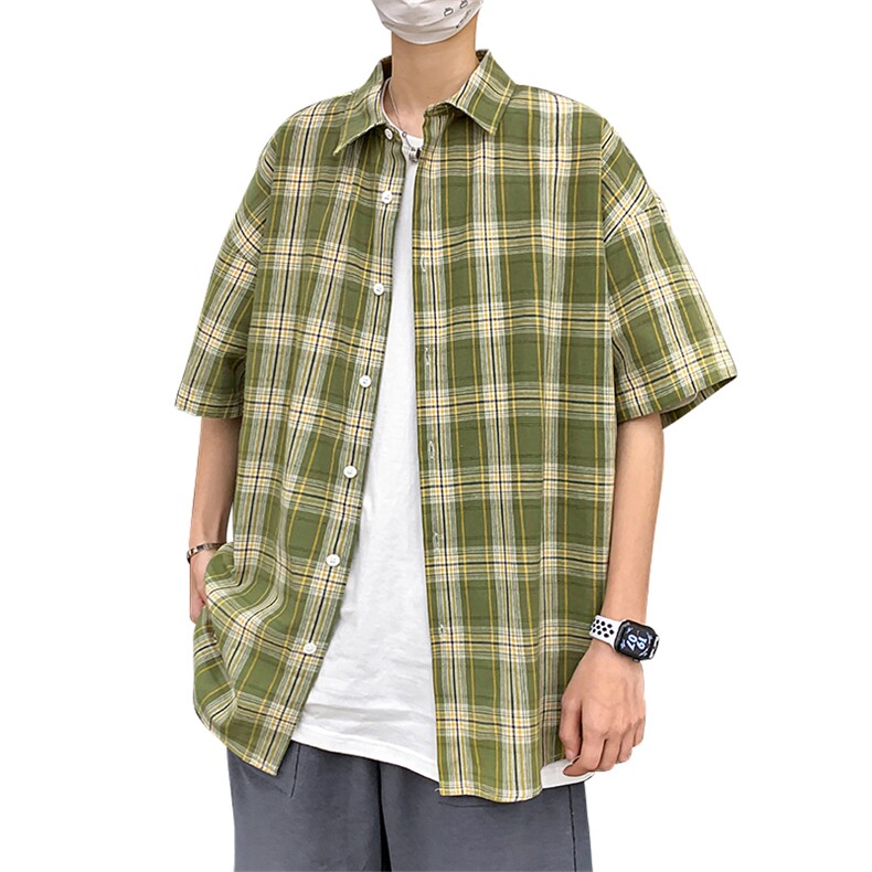 21年夏季短袖衬衫男宽松落肩港风格子衬衫男DS-C407-CS309-P35,男装衬衫,电商C323-1