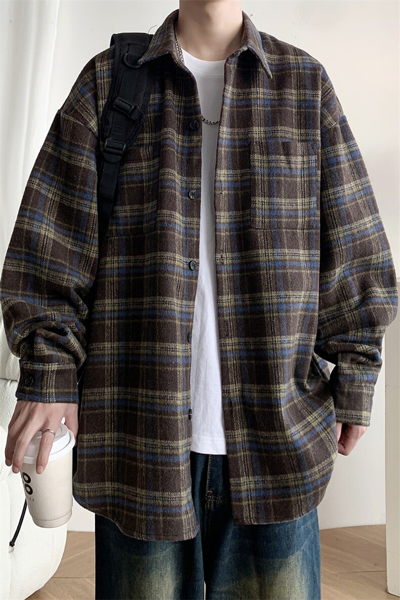 新款加厚复古格子衬衣休闲长袖衬衫外套情侣款225-2-CS711-P58,男装衬衫,星座225-2