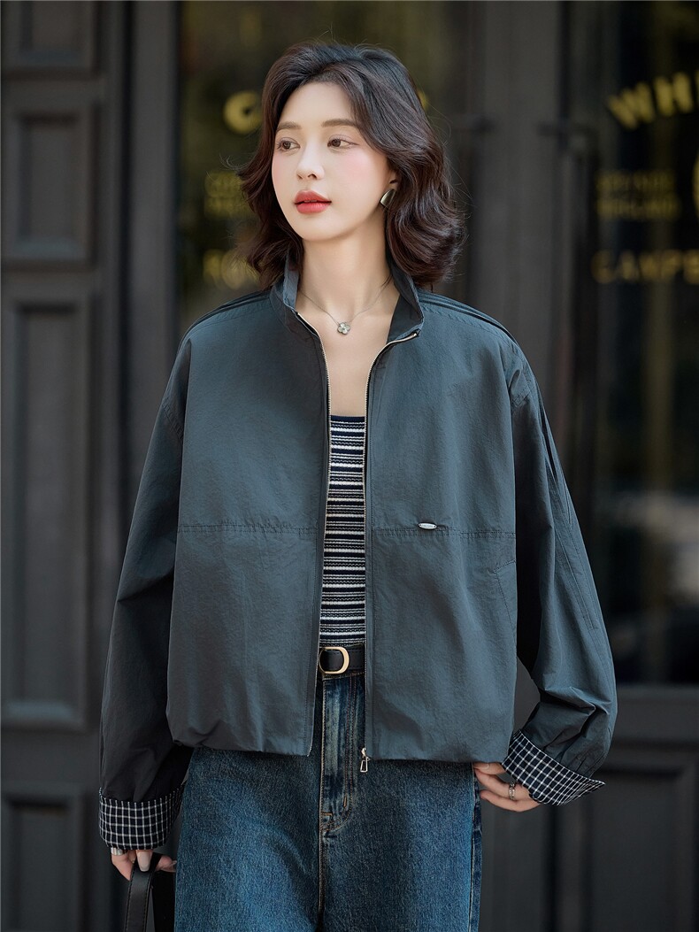 极简风休闲气质短款外套女2025春秋新款时尚宽松百搭拉链夹克上衣,女装短外套,米莱