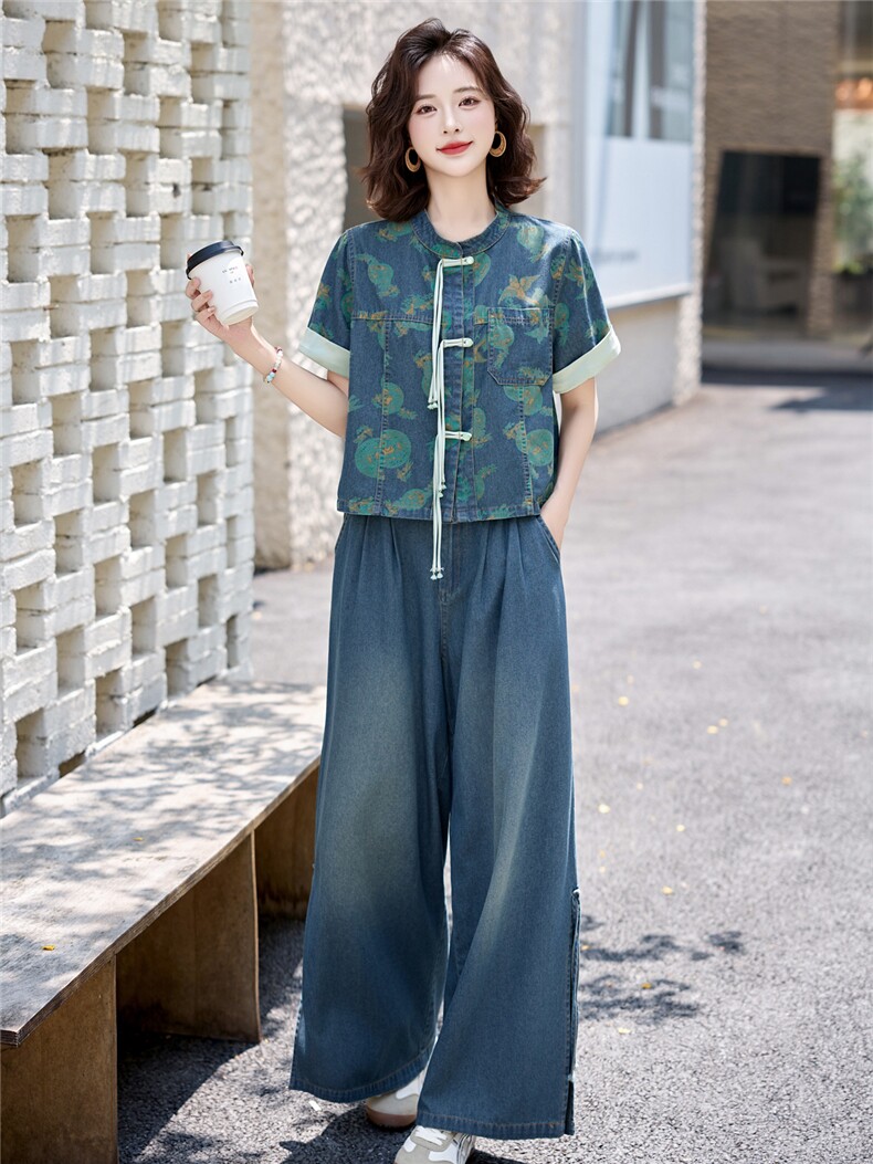 新中式国风盘扣牛仔套装女2025夏季爆款复古印花休闲时尚两件套潮,女装套装/套裙,欣品汇