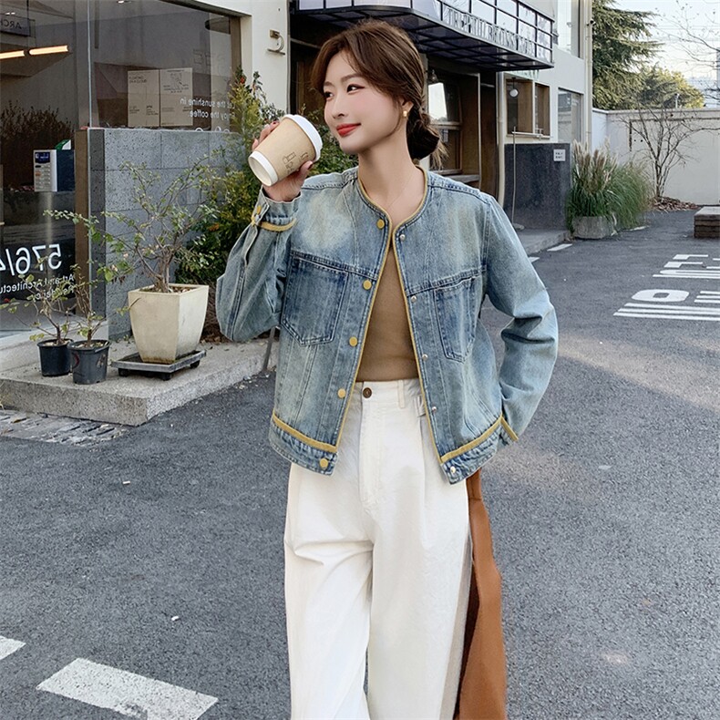 韩版休闲圆领撞色牛仔外套女2025早春新款小个子减龄宽松夹克上衣,女装牛仔外套,蝶眷