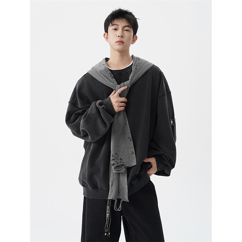 8XL-M高品质美式雕刻可拆卸破洞帽洗水深灰多穿法圆领卫衣WY28P88,男装卫衣,电商D206-1