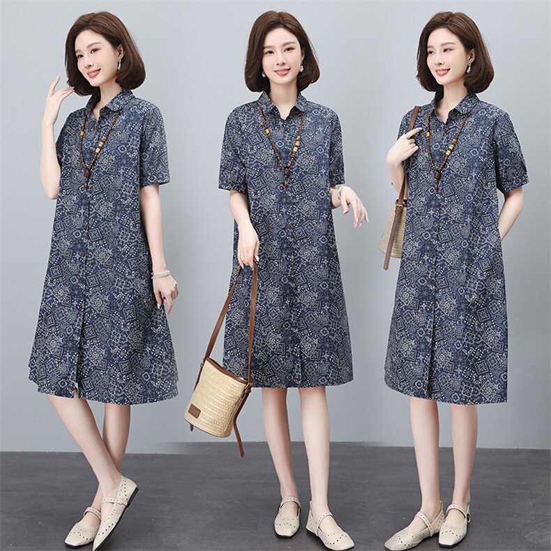 纯棉印花连衣裙女夏2025新款宽松大码中年妈妈遮肚子显瘦衬衫裙子，女装连衣裙，依恋蒂丝