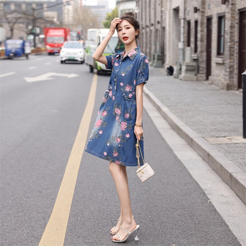 时尚牛仔印花连衣裙修身显瘦高腰A字裙夏季新款,女装连衣裙,秋水欣儿