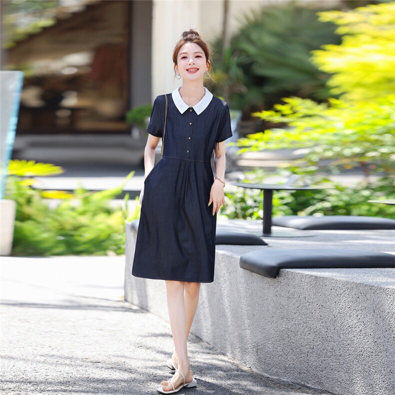 娃娃领连衣裙女2025新款中长款夏季短袖高级感减龄妈妈夏装裙子潮,女装连衣裙,梦芯尔