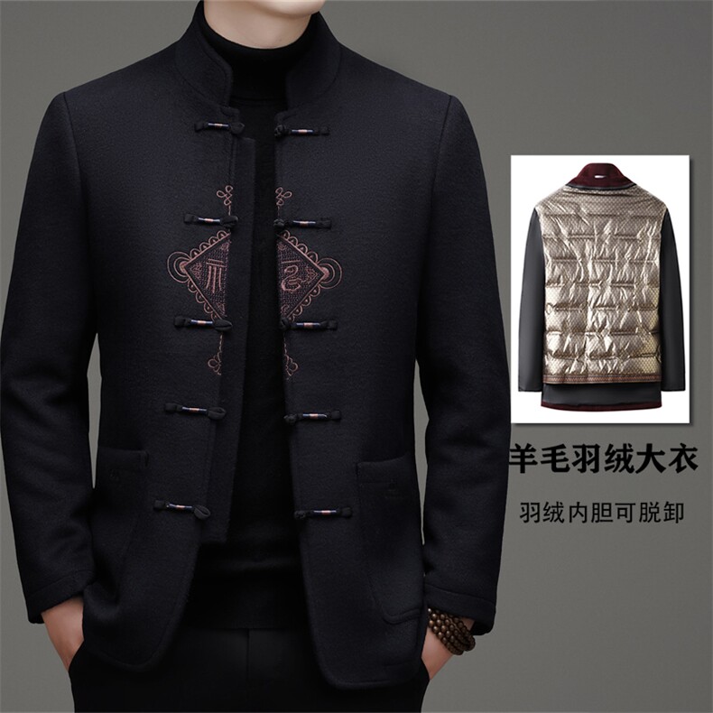 常货中老年双面呢羽绒服唐装男风中式盘扣羊毛呢羽绒内胆唐装,男装羽绒服,钱塘723