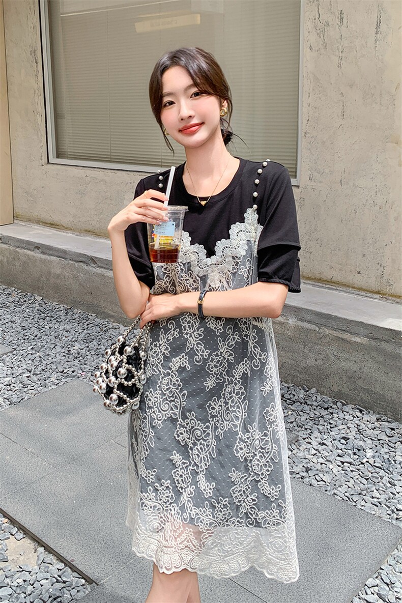 蕾丝拼接假两件连衣裙女2025夏季新款设计感小众时尚宽松吊带裙潮,女装连衣裙,2C176