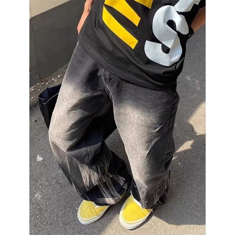 美式直筒水洗扎染牛仔裤秋季潮束脚纯色常规青少年运动裤宽松型,男装牛仔裤,星座506A
