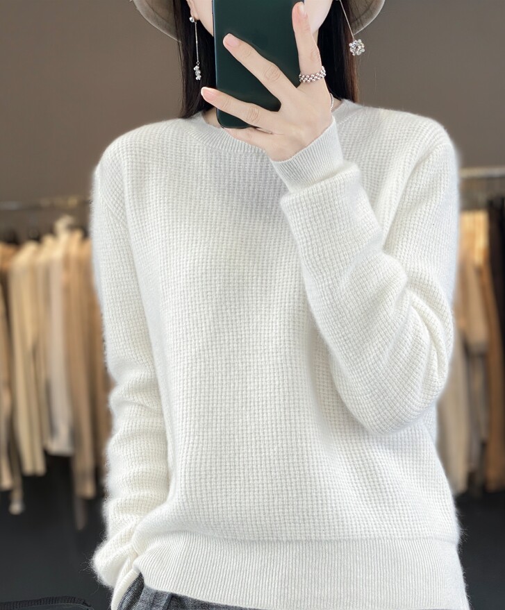 羊毛衫女圆领桂花针纯色长袖毛衣宽松打底衫上衣,女装羊毛衫,犀桦羊绒