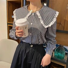 娃娃领格子小衫现货现货，其它，朵缇