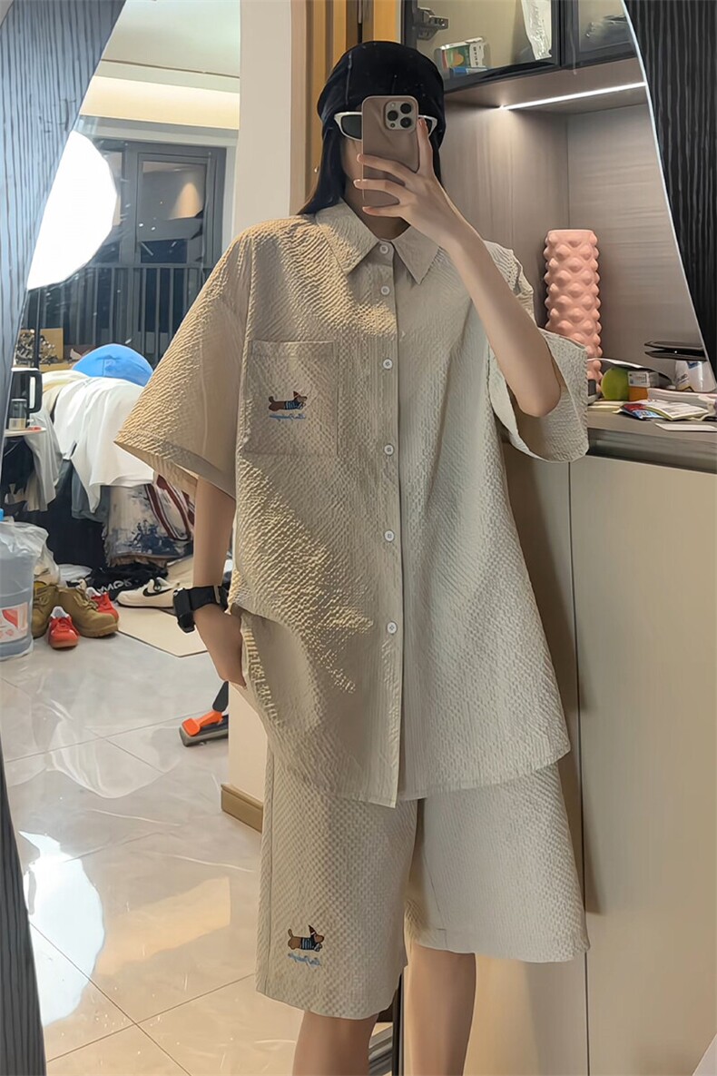 特批P39无差价夏季休闲透气泡泡纱刺绣腊肠狗两件套CD5483+DK5863,男装休闲套装,电商A001-1
