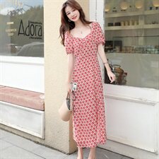 连衣裙女夏2021新款收腰气质女装夏季微胖显瘦女神范方领长款裙子，女装连衣裙，寒都衣屋