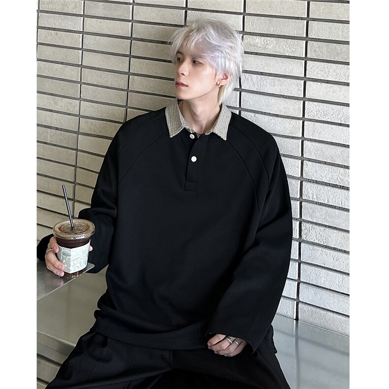 千鸟格拼接V领卫衣POLO衫男秋季老钱风长袖美式上衣W101-P48,男装Polo衫,电商C307
