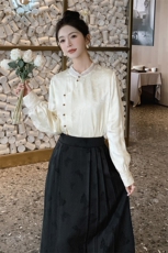 新中式轻风斜襟上衣缎面衬衣女款春秋古风立领衬衫女，女装衬衫，秀美人生