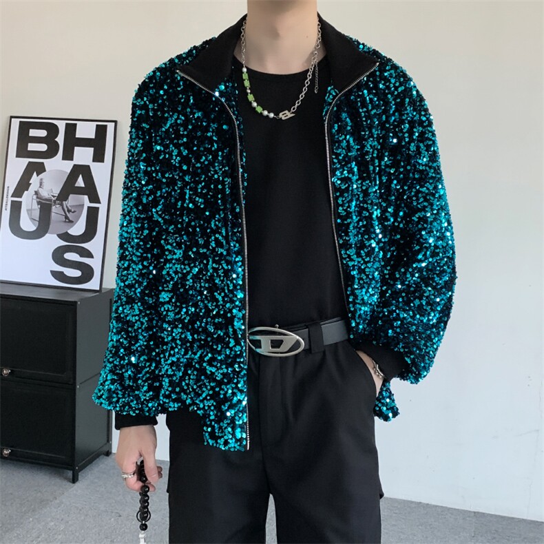 年会明星同款蓝色亮片发亮演出服男女歌手舞蹈DJ夹克外套棒球衫图片