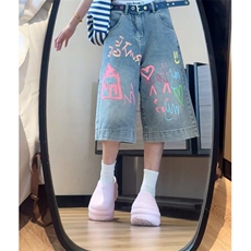 复古涂鸦卡通印花牛仔七分裤男女夏季街头嘻哈宽松做旧五分短裤，男装牛仔裤，星座601-1