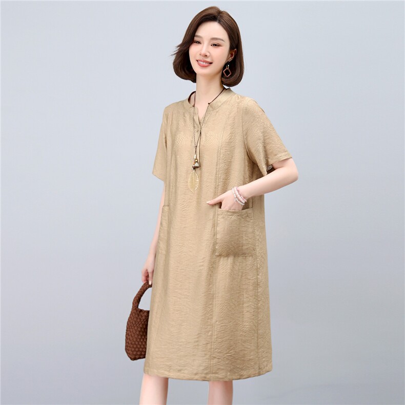dpqb轻薄天丝连衣裙女2025夏季新款中年妈妈遮肚宽松大码中长裙子,女装连衣裙,依恋蒂丝