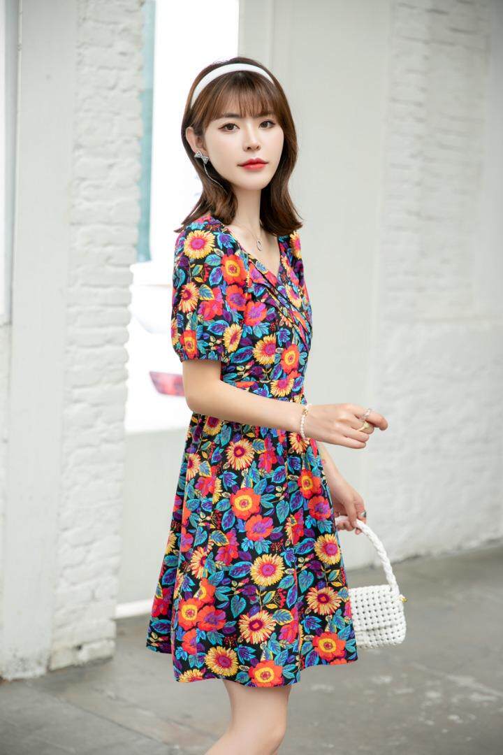 夏季新款流行花色淑女小洋裙，女装，水锦红