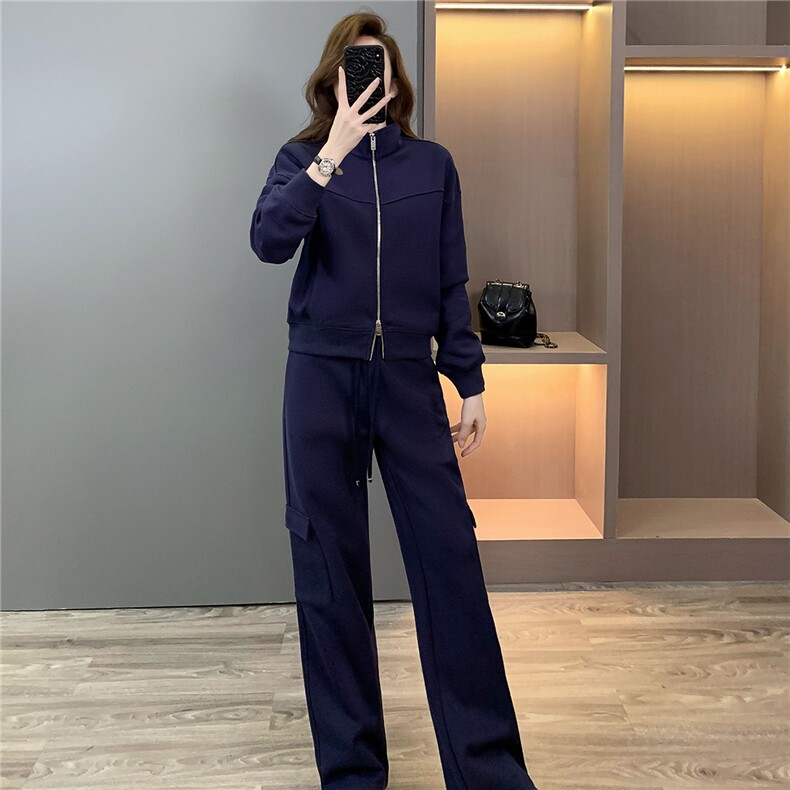 韩版休闲运动套装女春季新款高级感显瘦立领卫衣时尚阔腿裤两件套,女装套装/套裙,江南
