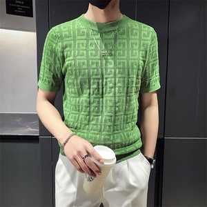 夏季提花镂空冰丝短袖T恤男修身圆领冰爽丝纯色针织半袖 M864图片
