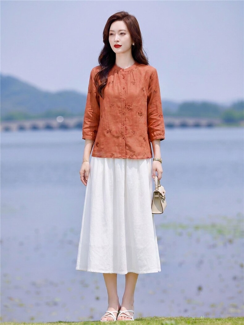 2026年夏季苎麻绣花上衣中高腰半身裙宽松型两件套,女装套装/套裙,靓衣阁