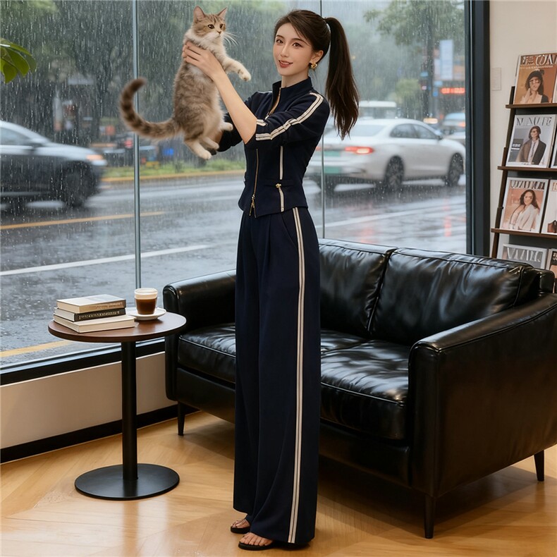 韩版休闲运动套装女秋季新款洋气显瘦立领拉链长袖卫衣长裤两件套,女装套装/套裙,2C310