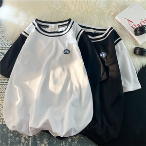 2023夏季新款韩版百搭T恤衫宽松假两件篮球服撞色上衣 T1121-P18图片