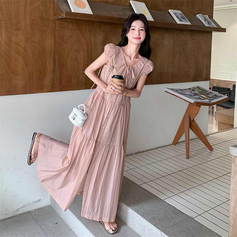 系带粉色连衣裙女夏2025新款法式温柔风爆款流行巨好看韩系长裙,女装连衣裙,2C037