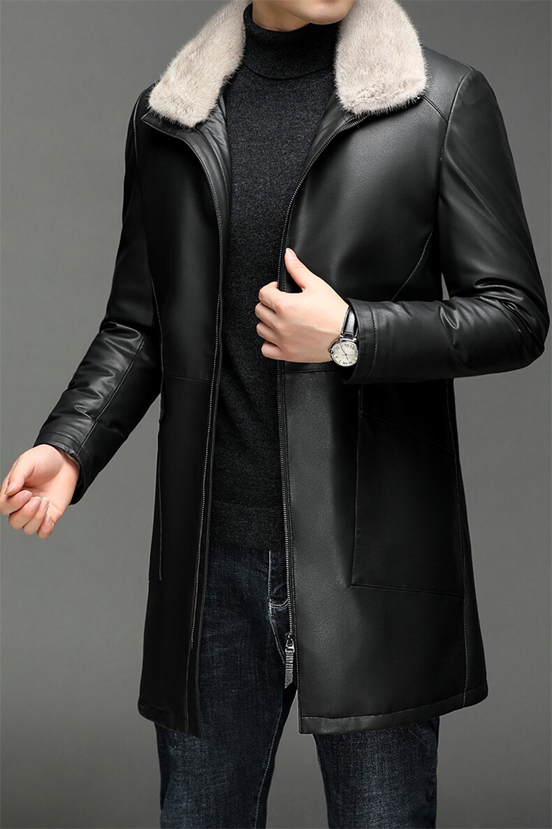 X2257秋冬新款海宁皮衣男士中长款绵羊皮鹅绒羽绒服翻领P860,男装皮衣,电商B360