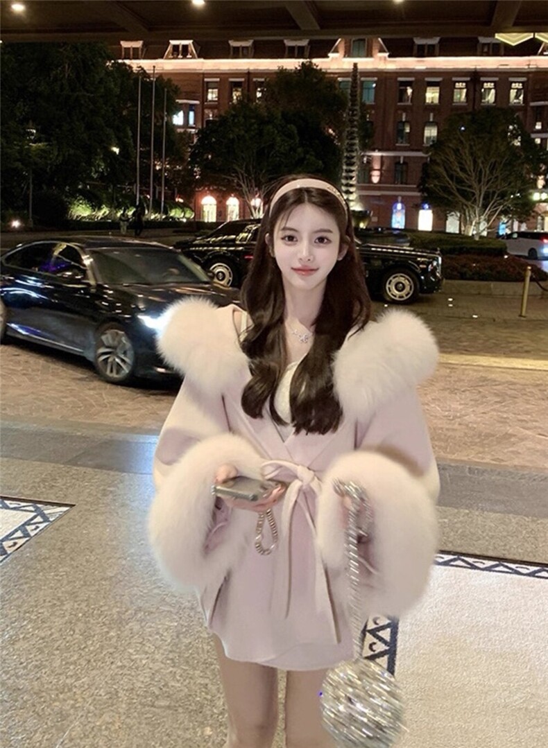 【依嘟】气质大衣真狐狸毛领+羊毛大衣斗篷冬季保暖羊毛外套,女装双面呢大衣,依嘟服饰
