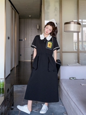 甜美撞色翻领收腰黑色连衣裙女夏2025新款休闲气质大方得体长裙子，女装连衣裙，2D080