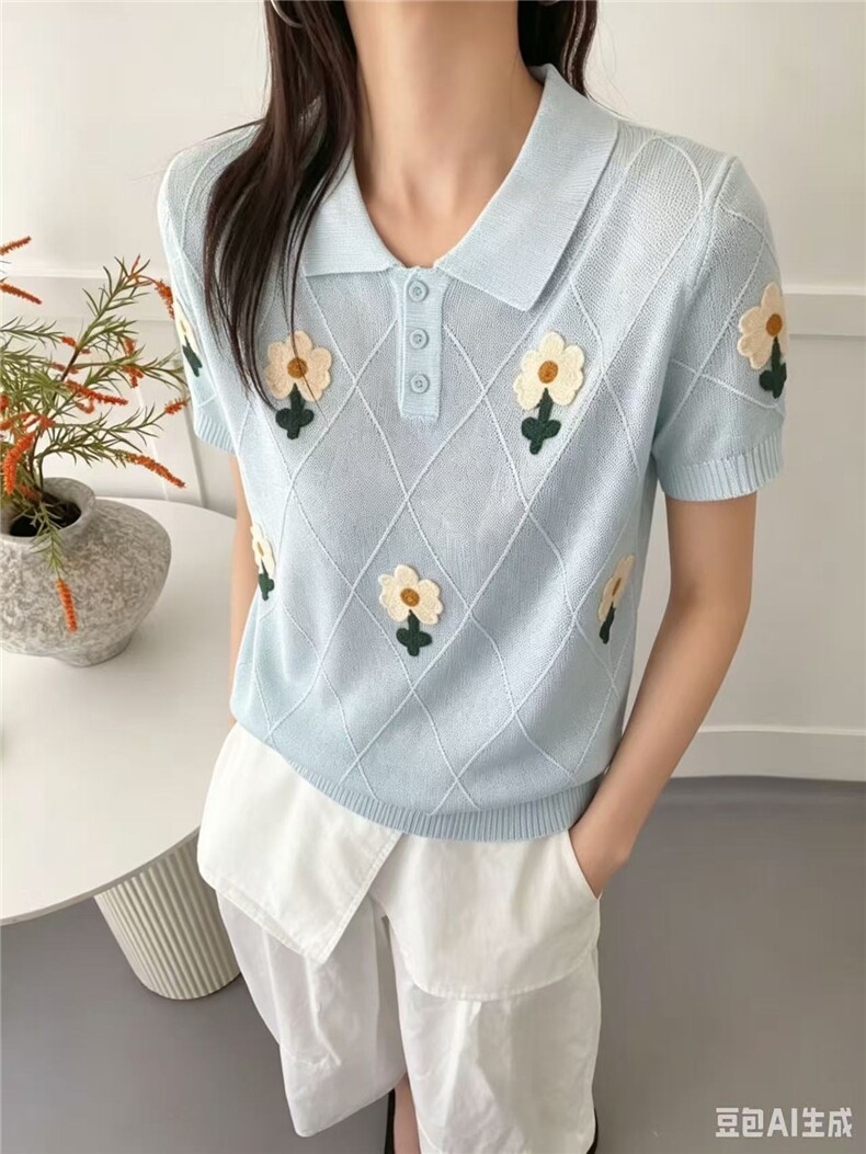 2026新款翻领镂空绣花针织短袖t恤女夏季薄款冰丝针织衫女装上衣,女装T恤,美轩羊绒
