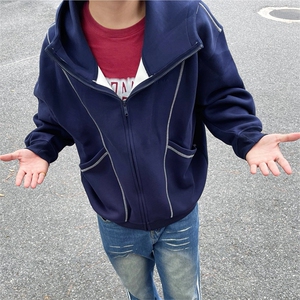 抖音得物高品质秋冬美式高街重磅结构辑明线纹理连帽卫衣外套W111图片