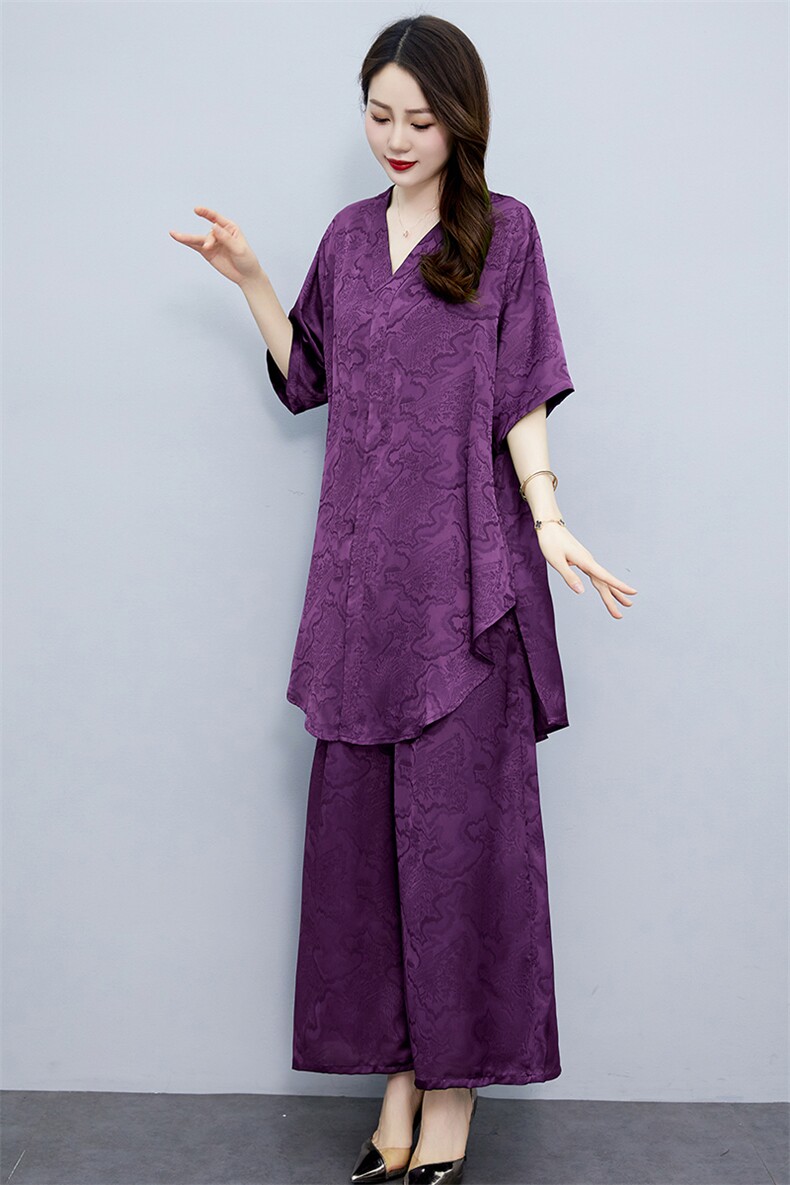 2023夏季女装新款时尚气质醋酸提花宽腿裤大码套裤,女装套装/套裙,魅衣本色